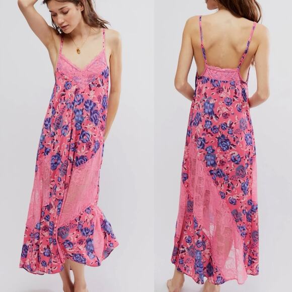 Free People First Date Maxi Slip Dress Sweet Pink Combo XS - Picture 8 of 8